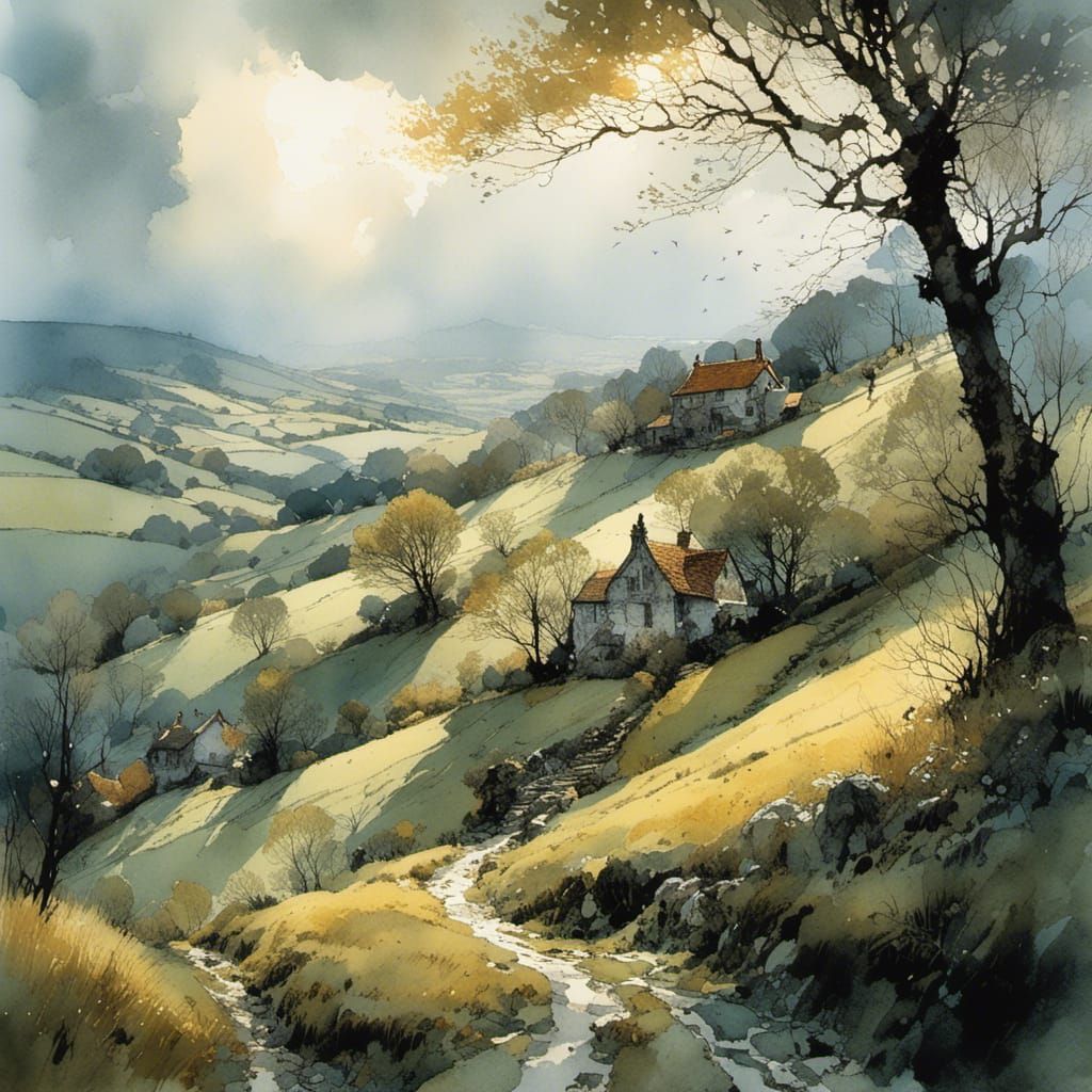 April Weather in Hilly Landscape with Sun, Clouds, and Rain