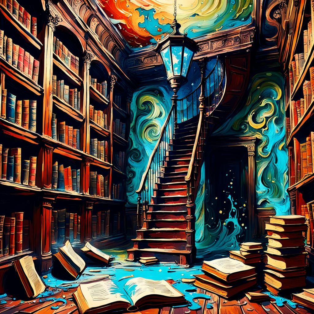Abstract Old Library Interior with Pouring Paint Effect