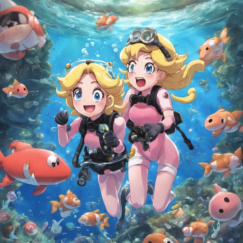 Princess Peach and Mario Scuba Diving in Anime Style