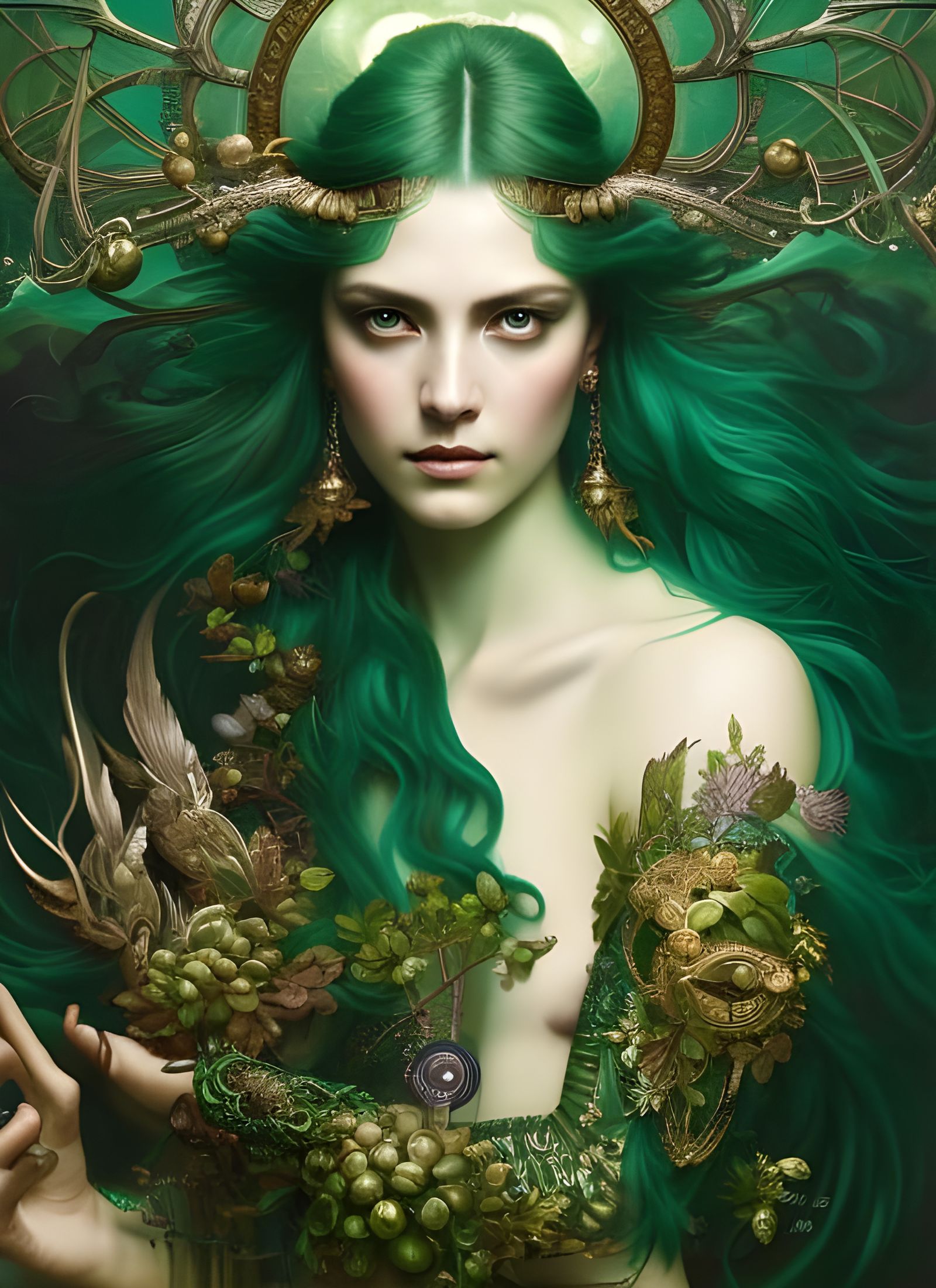Green-Haired Goddess in Nature: Pre-Raphaelite Portrait