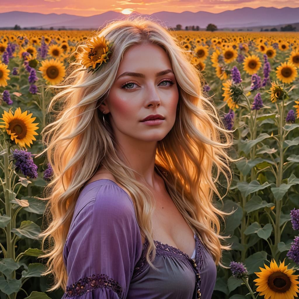 Sunset Serenity: Woman in Sunflower Field, Fantasy Art