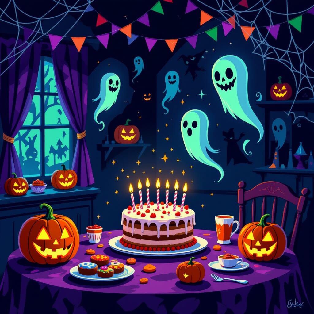 Whimsical Spooky Halloween Birthday Party Scene
