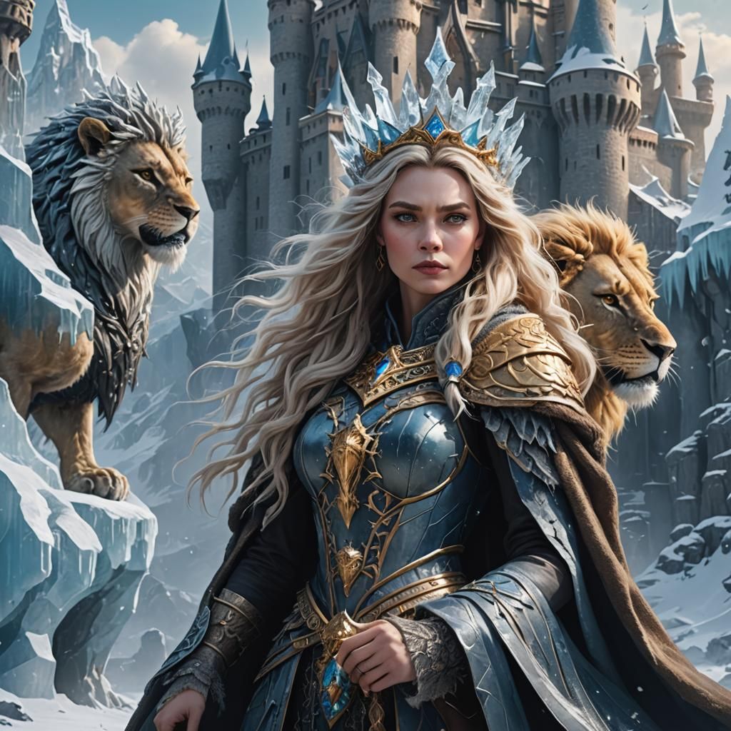Winter Witch with Ice Crown and Golden Lion