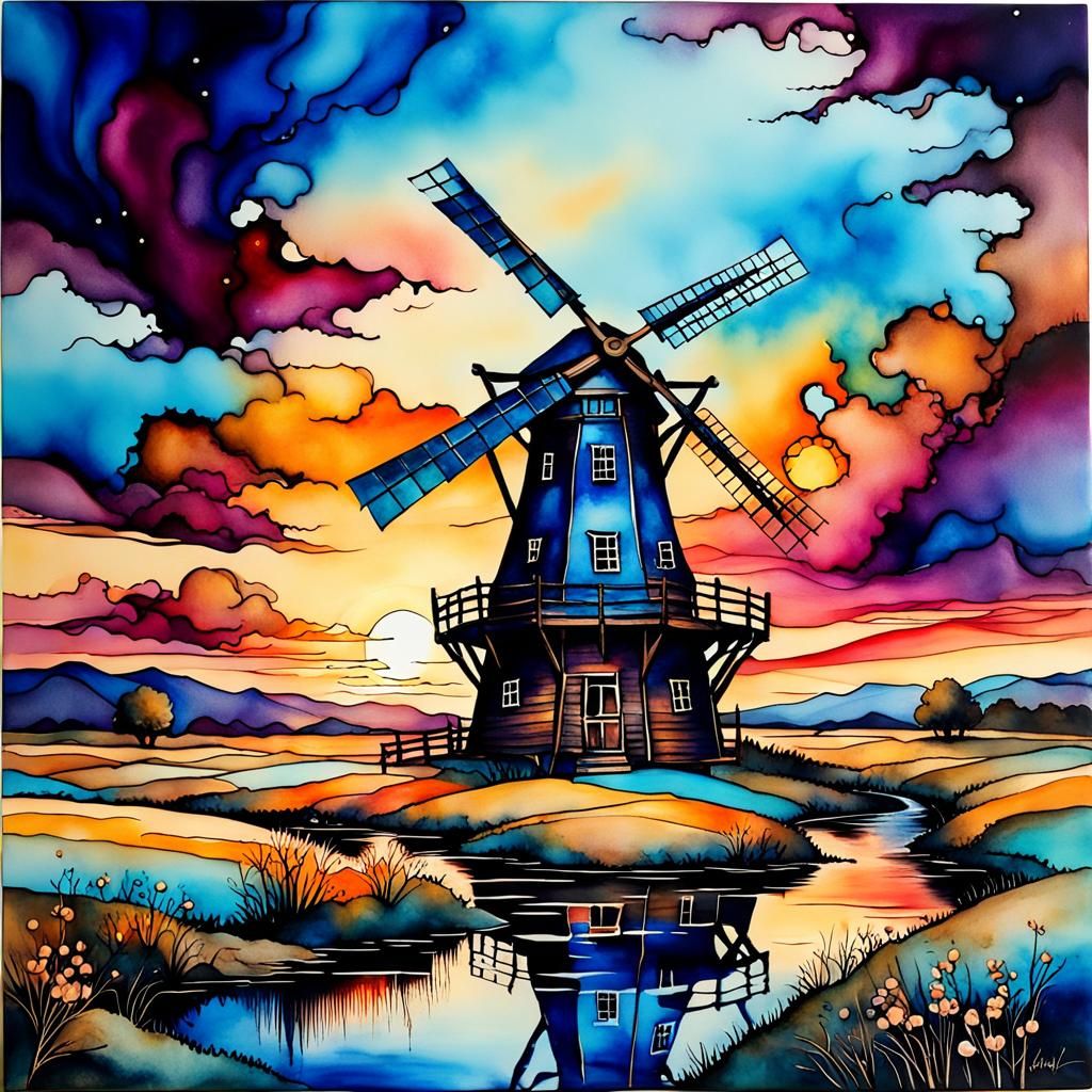 Vintage Windmill Sunset in Alcohol Ink Style