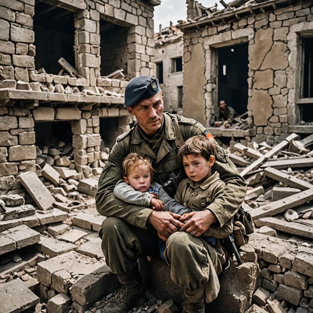 Soldier Protecting Children in War-Torn Building