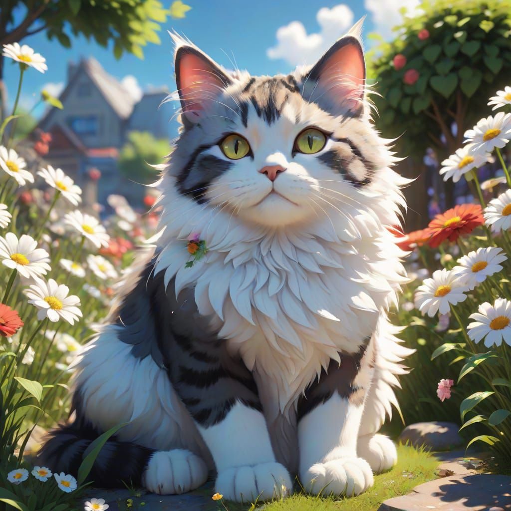 Anime Style Fluffy Cat in Sunny Flower Garden