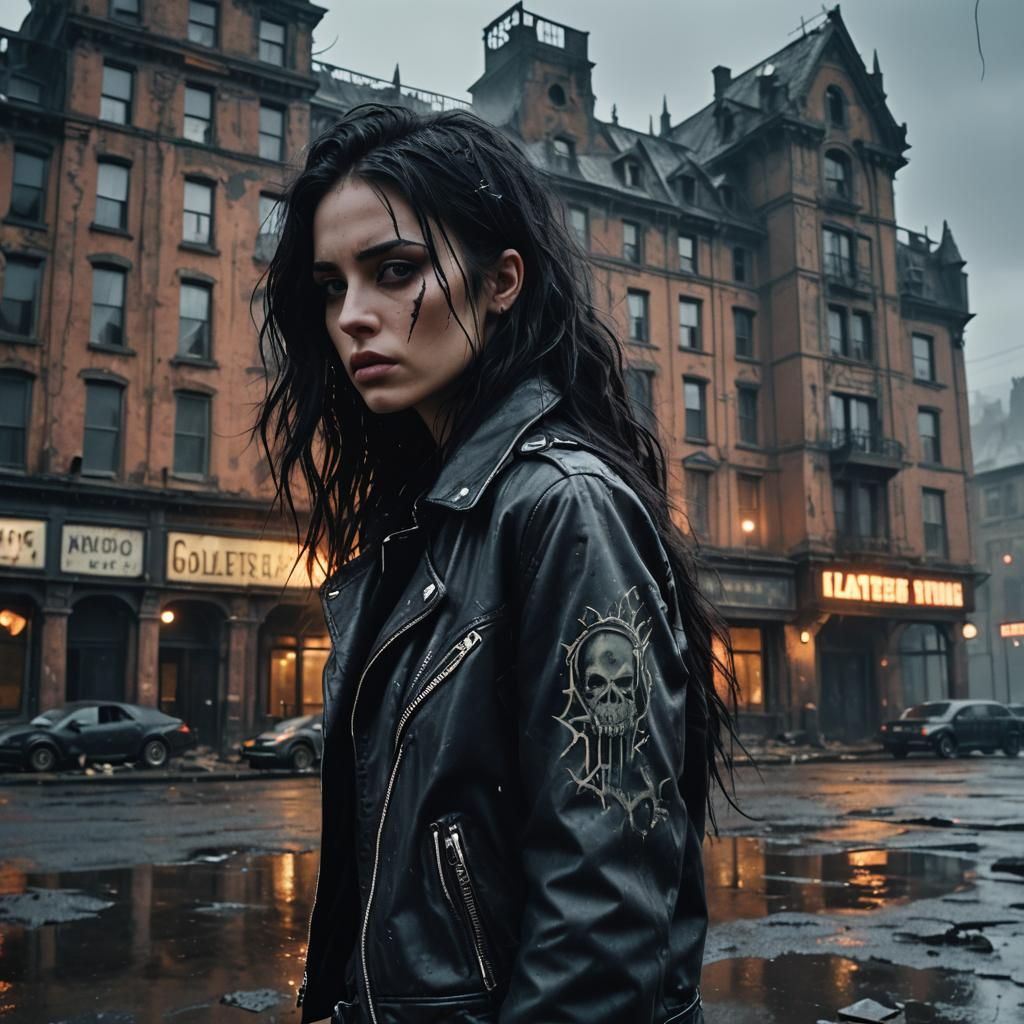 Gothic Girl in Rainy Post-Apocalyptic City