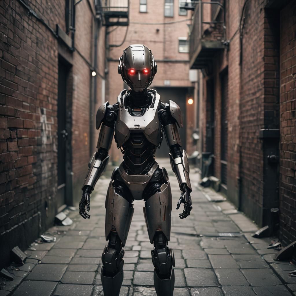 Sci-Fi Portrait of Murderbot in Grungy Alleyway