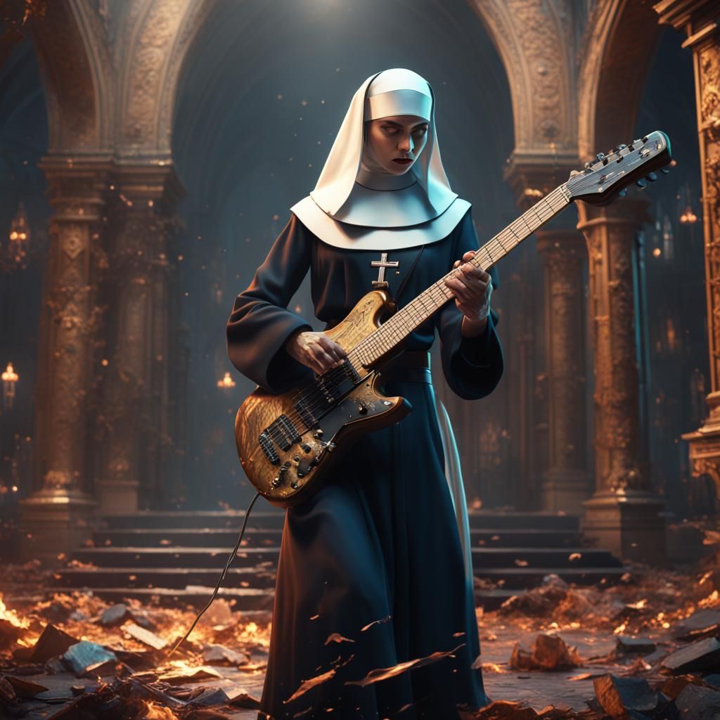 Nun Shredding Electric Guitar: Detailed Matte Painting