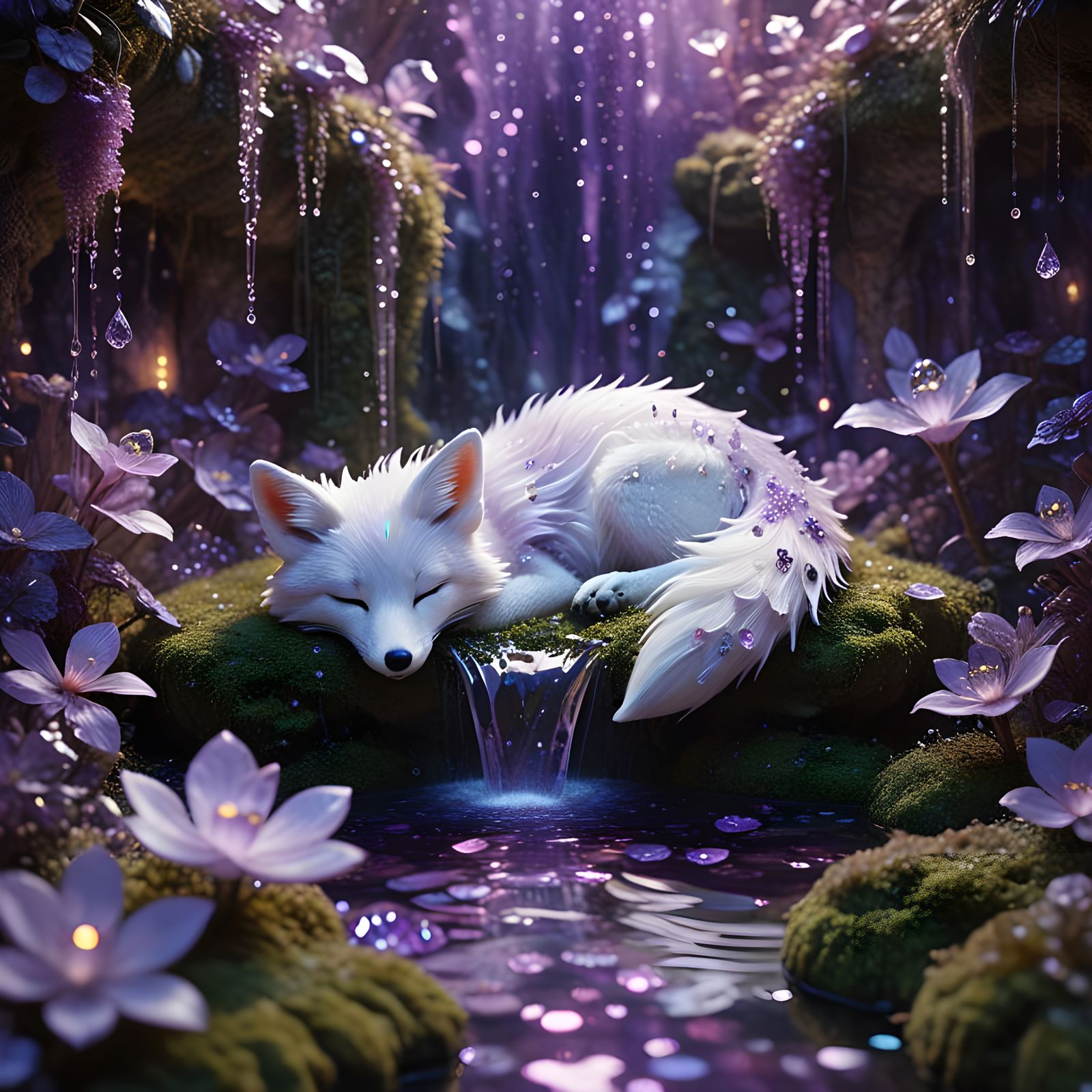 Crystal Fox Cub Sleeping in Fountain: Watercolor