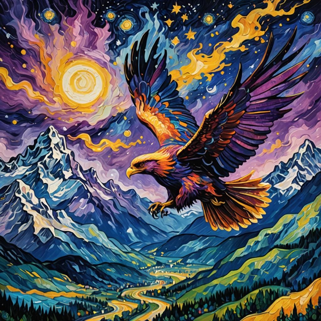Phoenix Soaring Over Alps in Starry Night Style