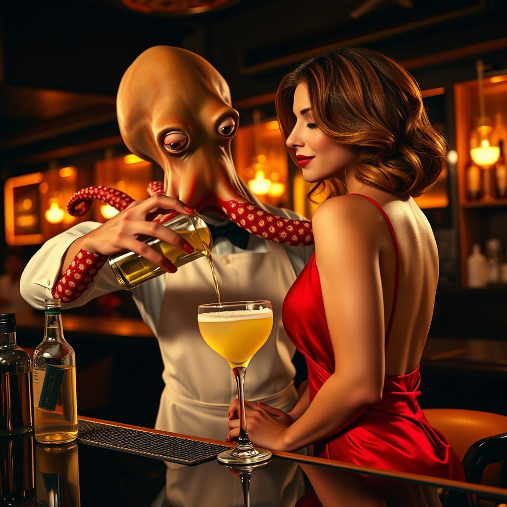 Octopus Bartender Mixes Margarita in Chic Bar Setting