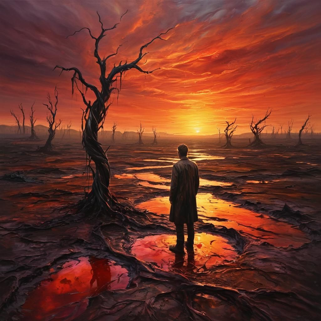 Surreal Sunset in Twisted Landscape: Dark Fantasy Art