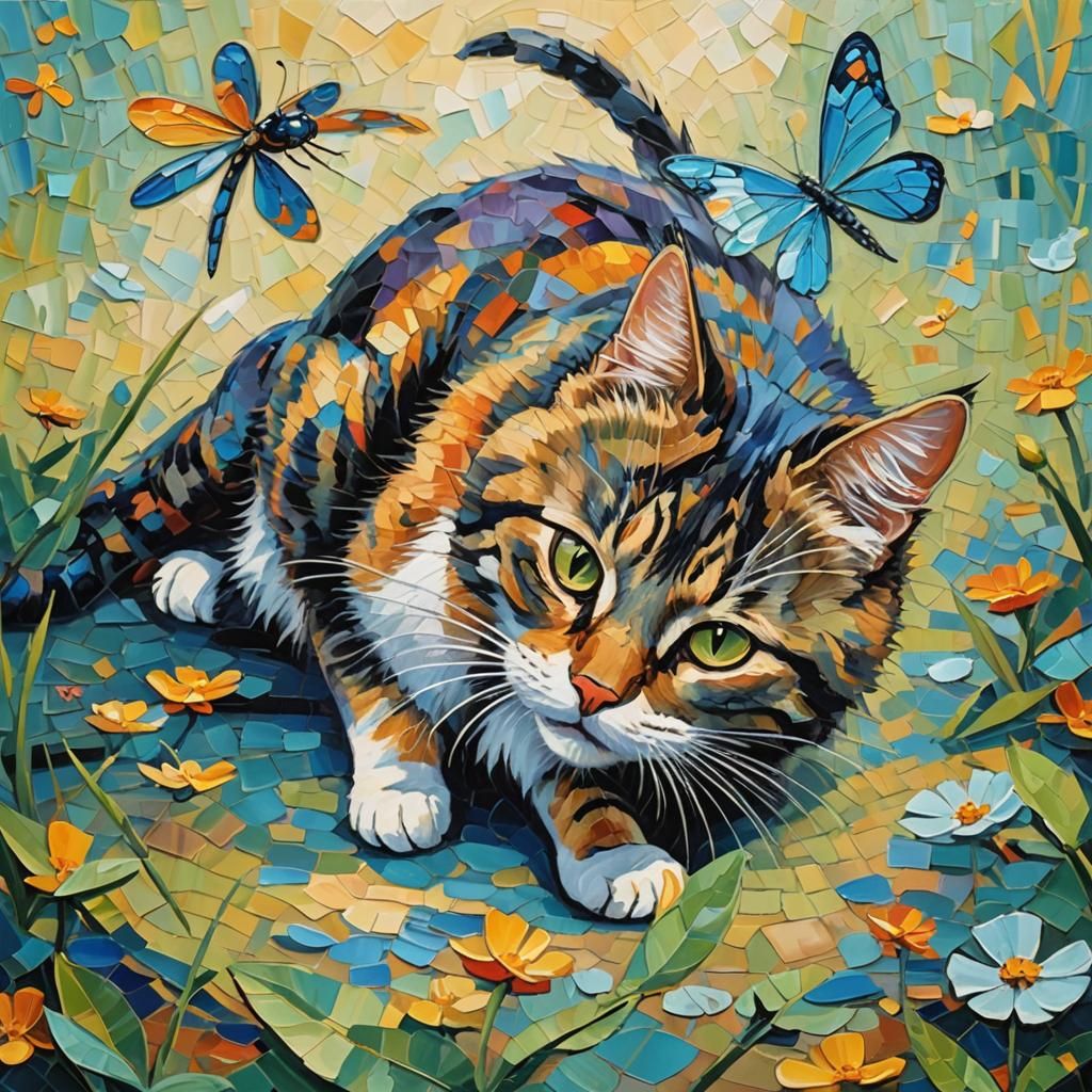 Cat and Dragonfly in Expressionist Oil Painting