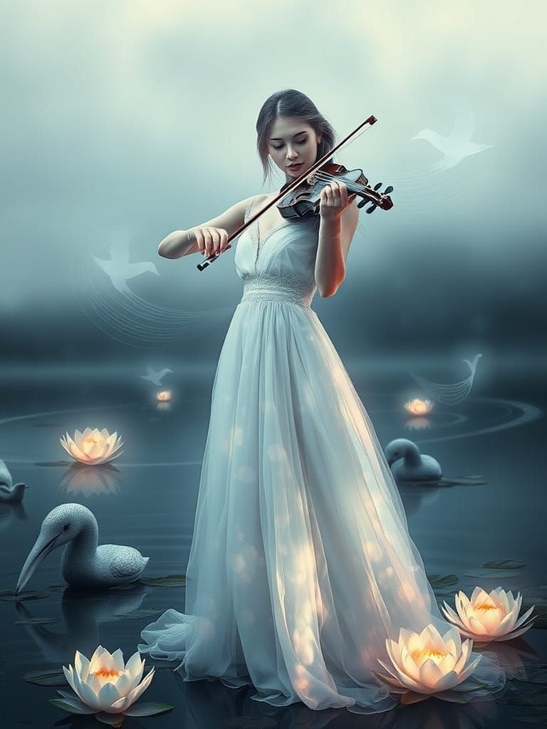 Ethereal Violinist Refracts Light in Dreamlike Landscape