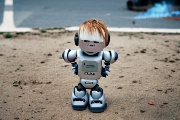 Robot Boy with Blue Eyes Amidst Fire