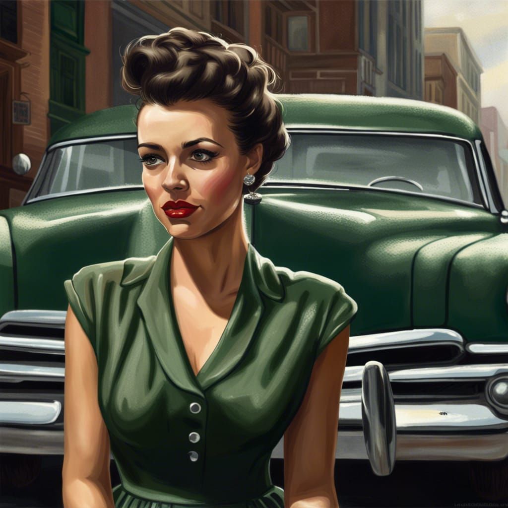 Woman in 1950s Dress Next to Classic Car