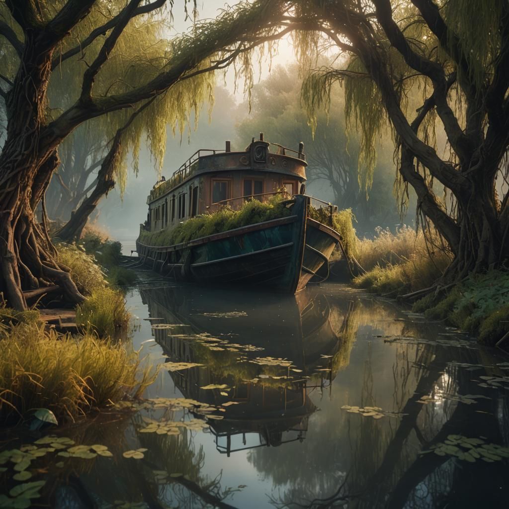 Eerie Canal Boat in a Fantastical Matte Painting
