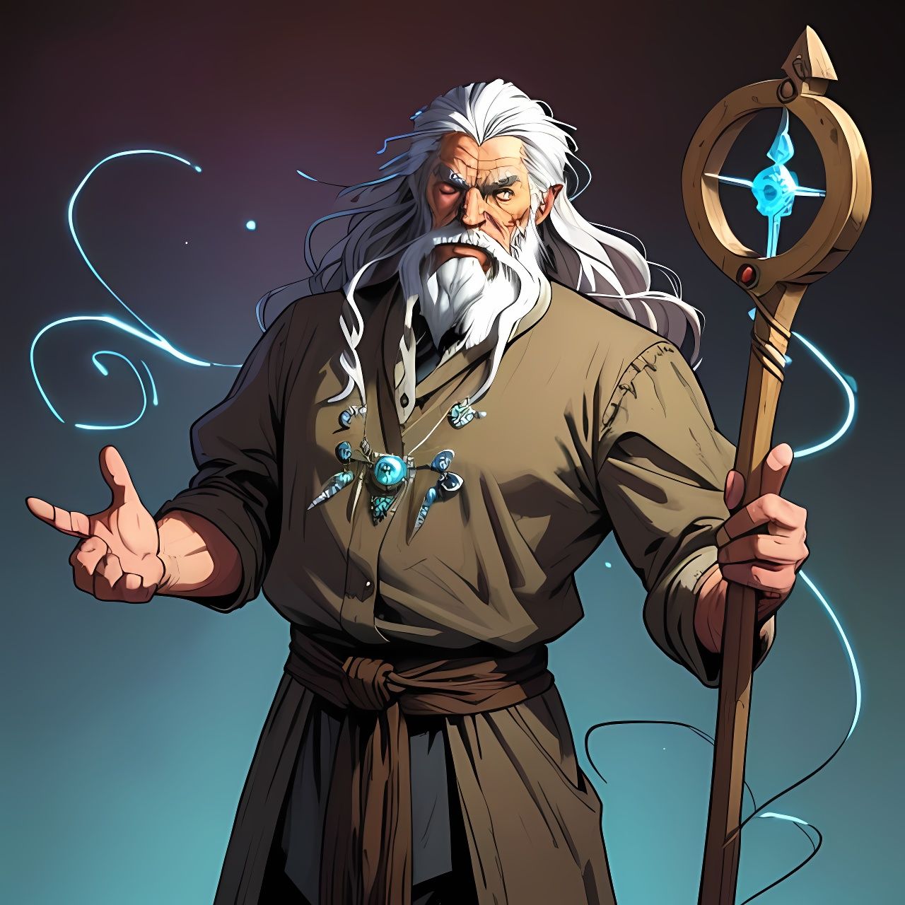 Elder Sage with Weathered Staff in Ancient Runes Art