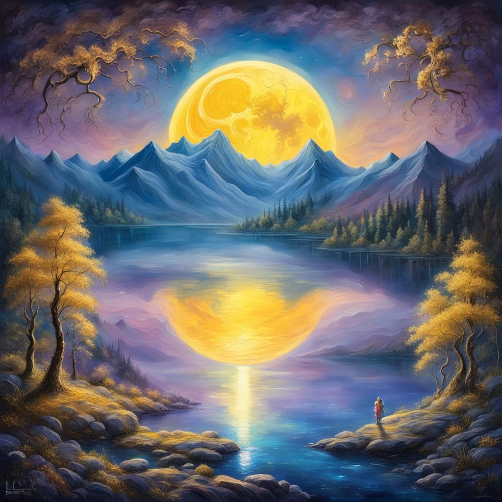 Fantasy Moon Over Lake: Art Nouveau Matte Painting
