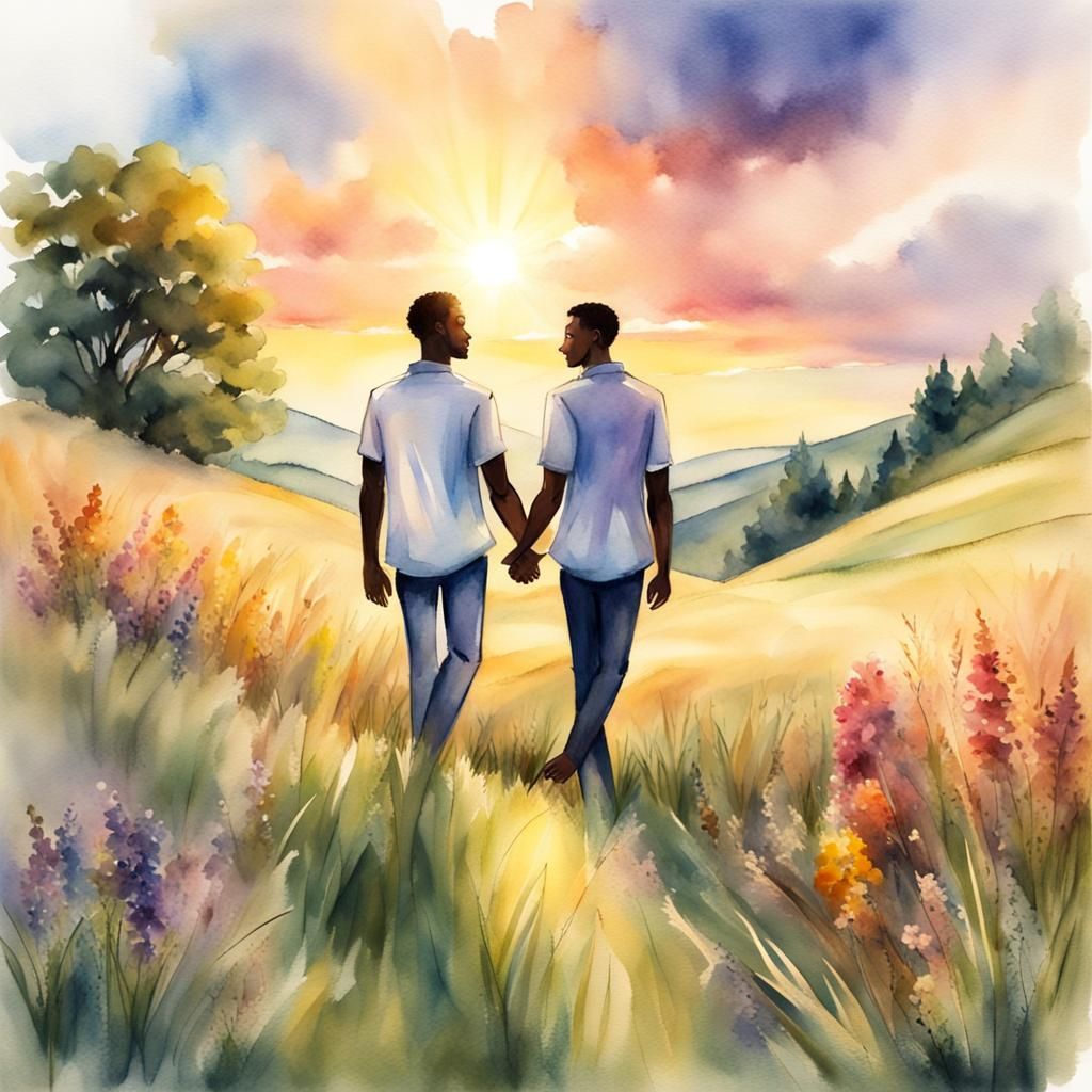 Gay Lovers Picnic at Sunset in Watercolor
