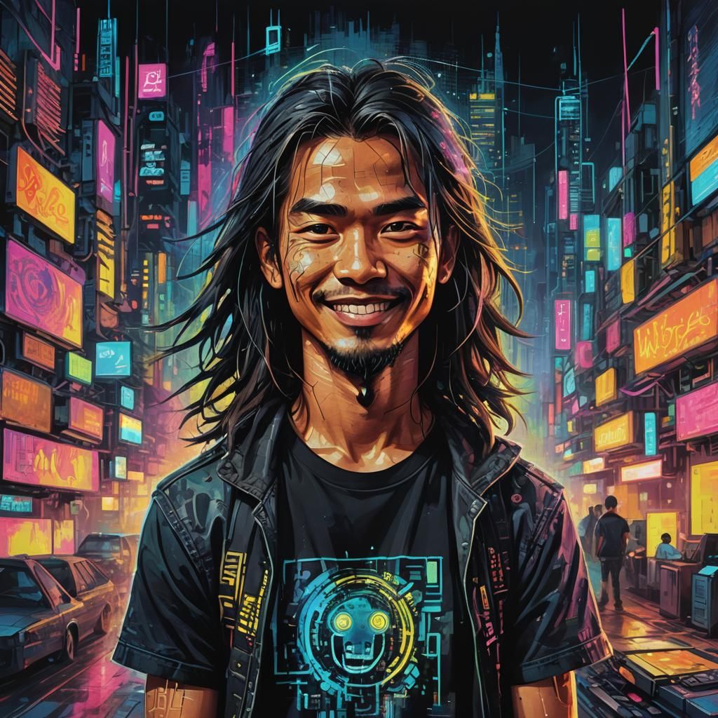 Cyberpunk Programmer Portrait with Neon Cityscape Background