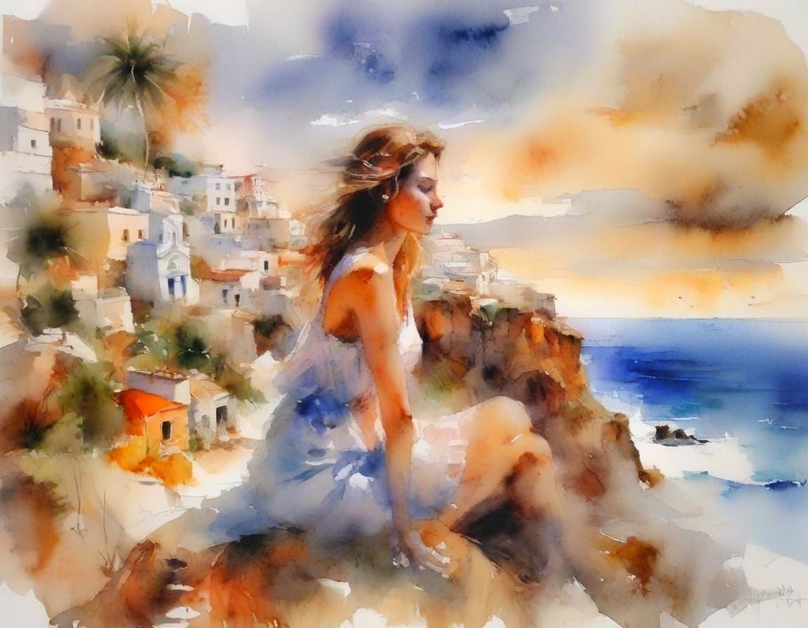 Ethereal Watercolour Santorini Clifftop at Twilight