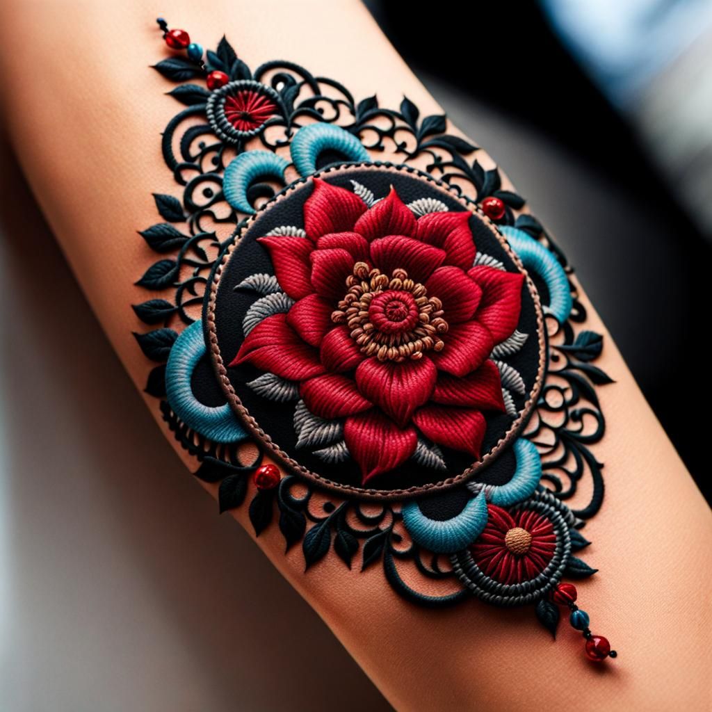 Embroidered Tattoo: Intricate 'MOM' Arm Design