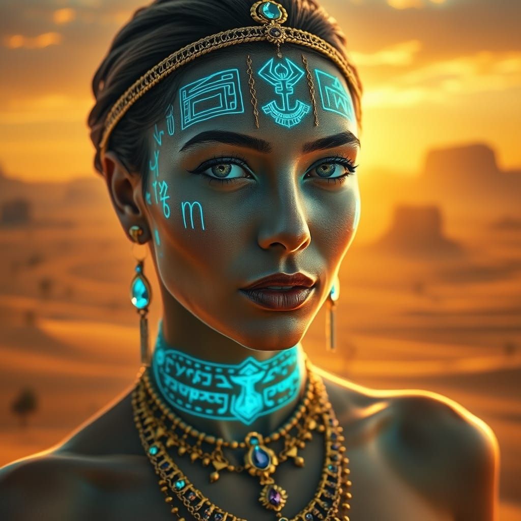 Babylonian Goddess Portrait in Mojave Desert Sunset