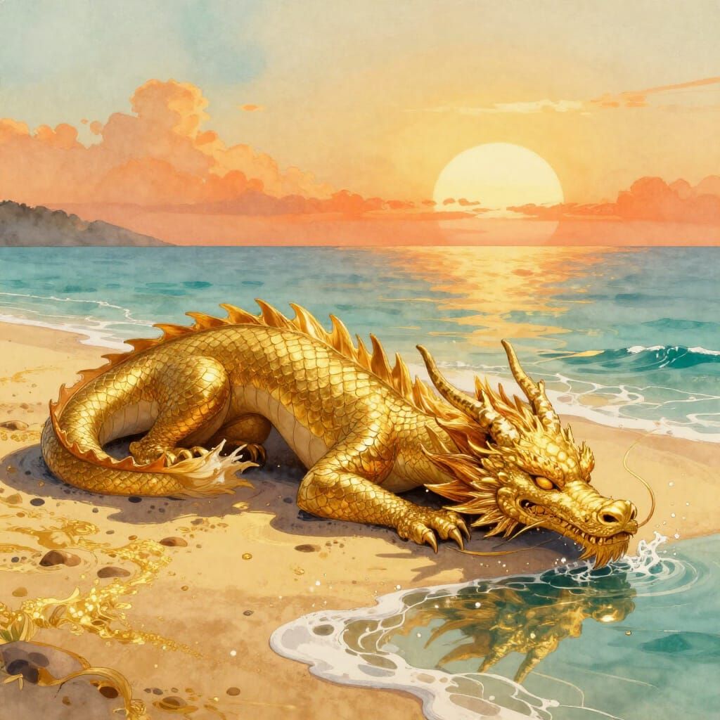 Golden Dragon Sleeps on Beach at Sunset