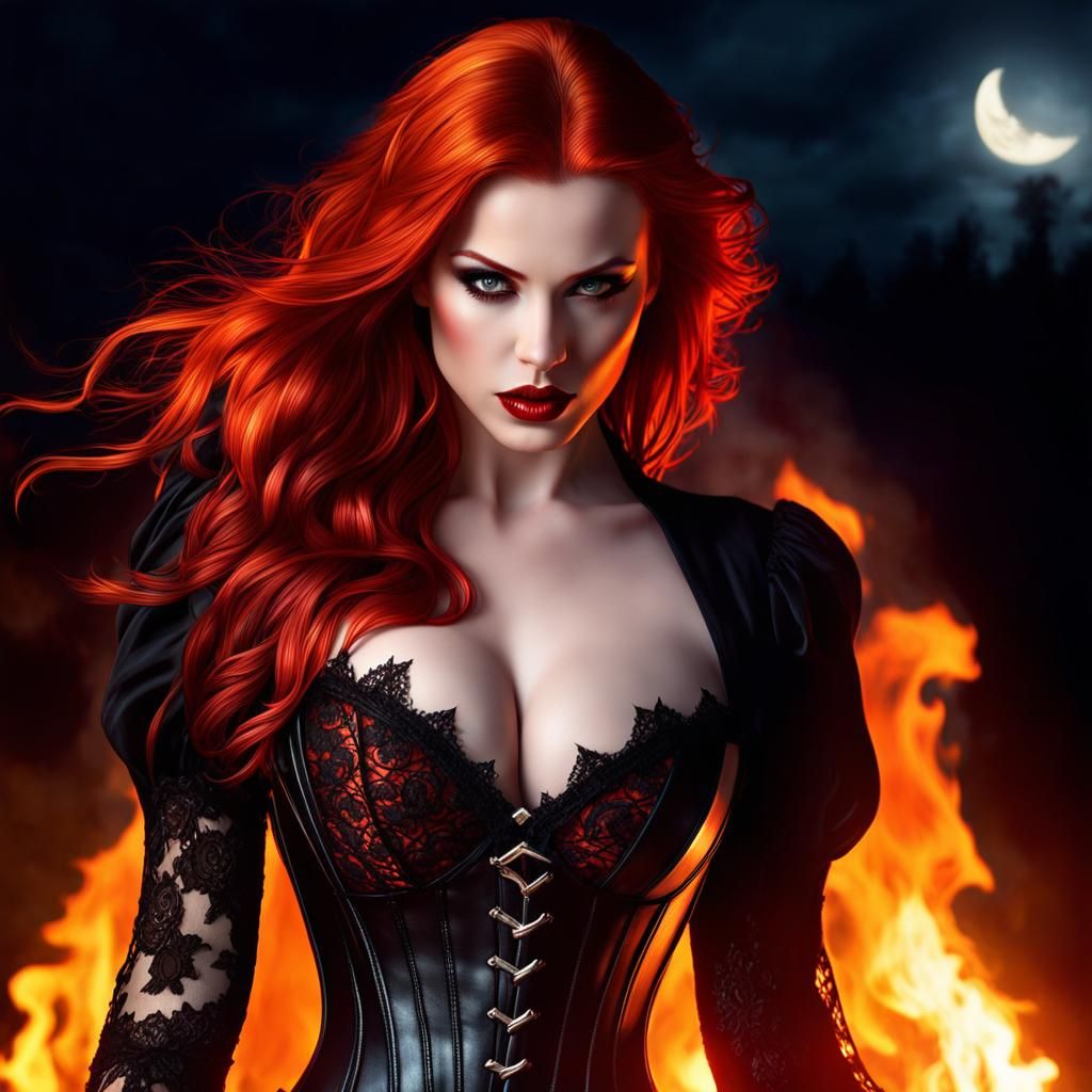 Redhead Vampire Walks Through Fire in Gothic Horror