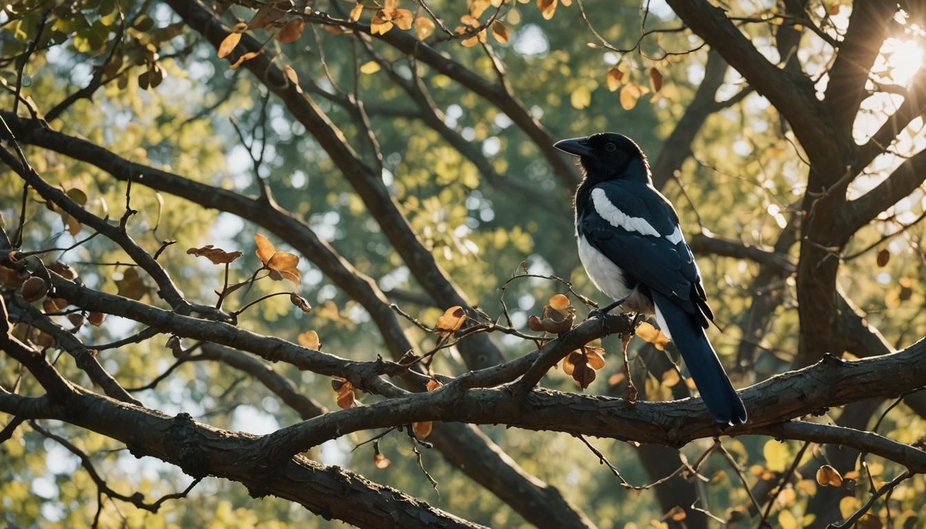 Magpie in Oak Tree: Cinematic Autumn Scene