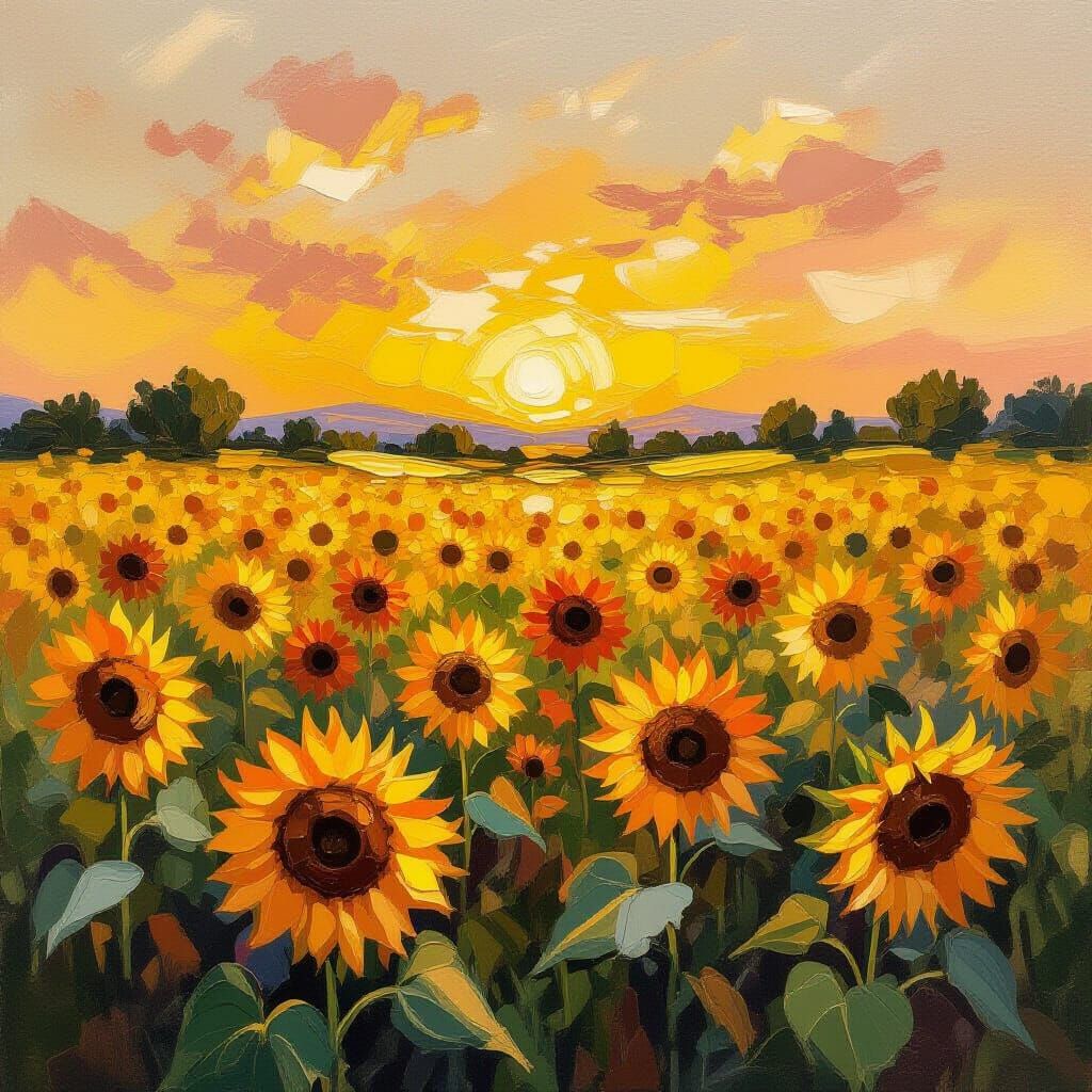 Sunflower Field at Sunset: An Impressionist Oil Painting