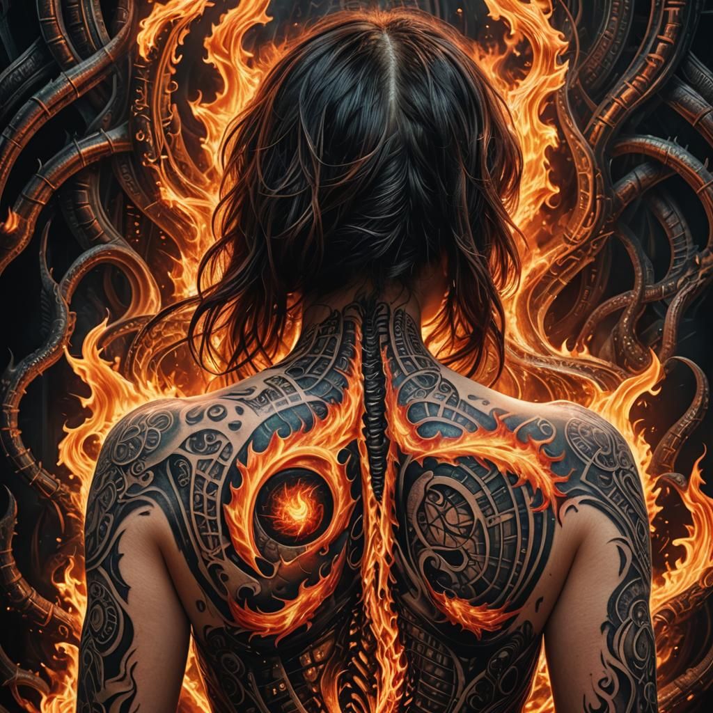 Fiery Tattoo Art Inspired by Giger in Digital Painting