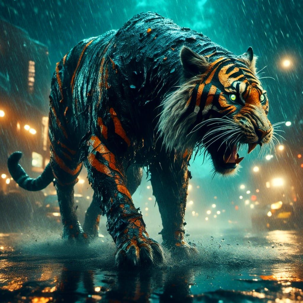 Black Tiger in Rain: Surreal Impressionist Close-Up