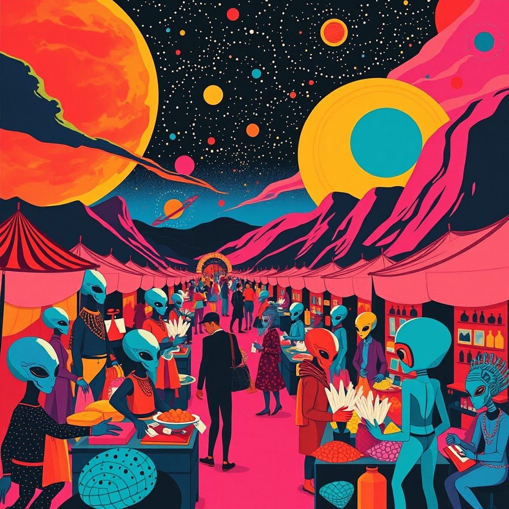 Cosmic Pop Art Fair in Vibrant Nebular Sunset