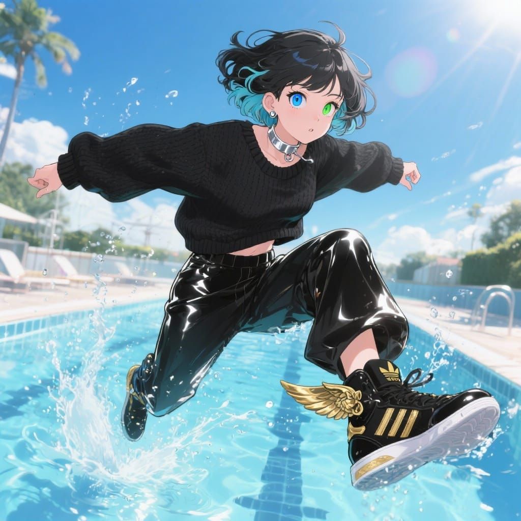 Anime Girl Jumps Into Pool with Dynamic Splash