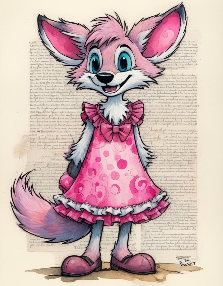 Anthropomorphic Pink Fox in Don Bluth Furry Style