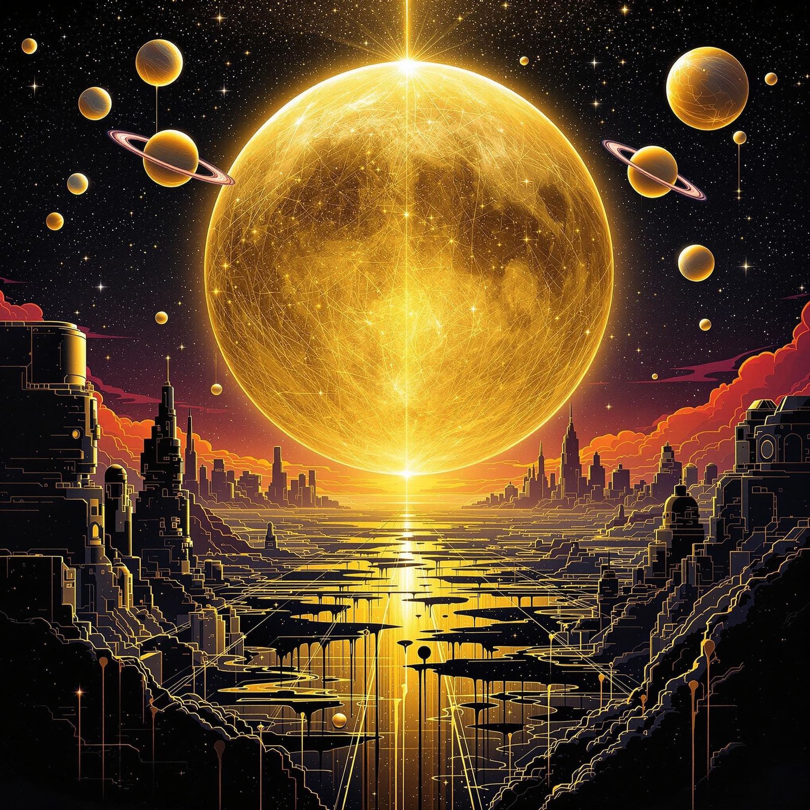 Golden Celestial Sci-Fi Cityscape in Cyberpunk Style