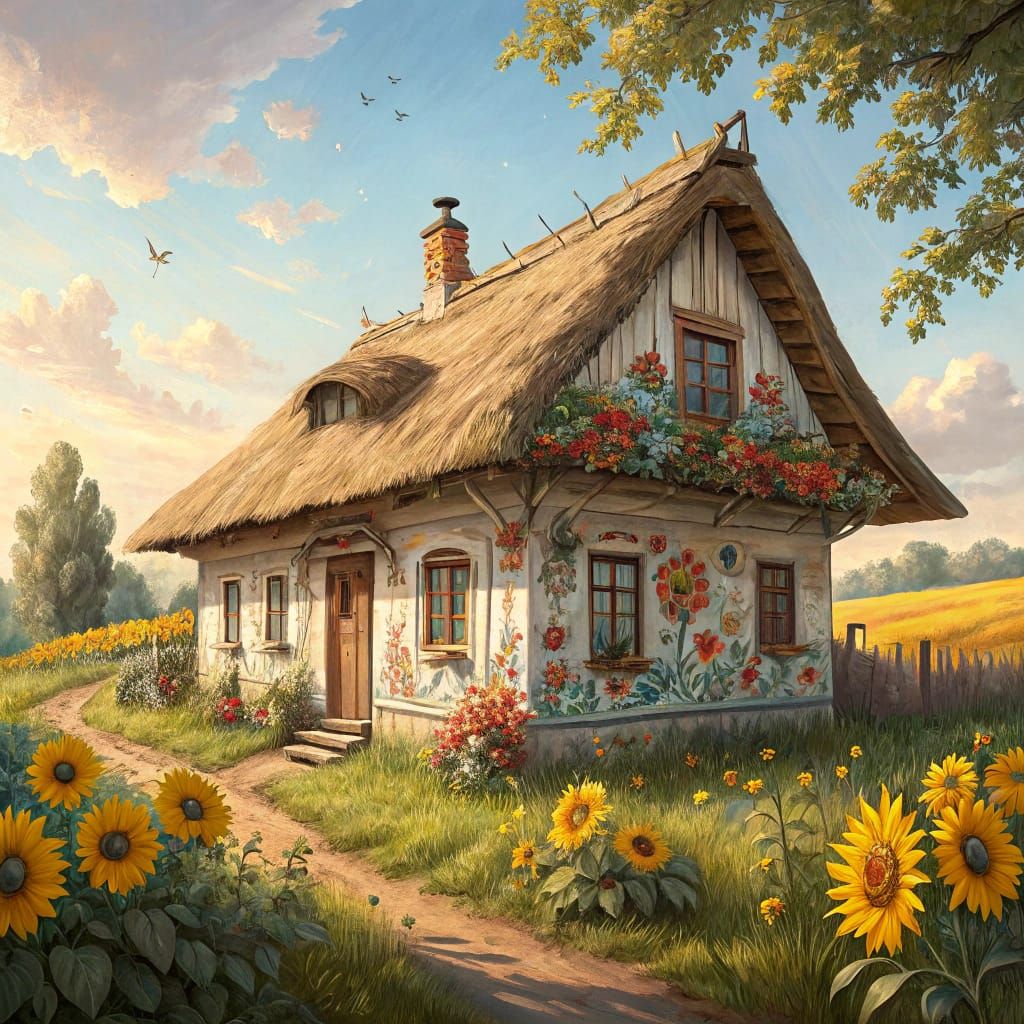 Charming Ukrainian House Amidst Sunflowers Oil Painting