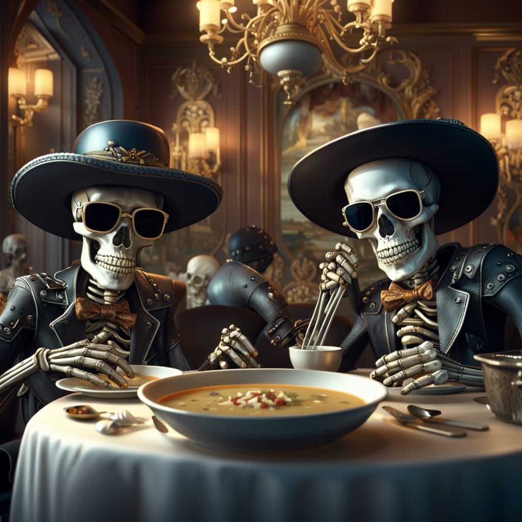 Skeletons Dine: A Rococo-Inspired Western Scene