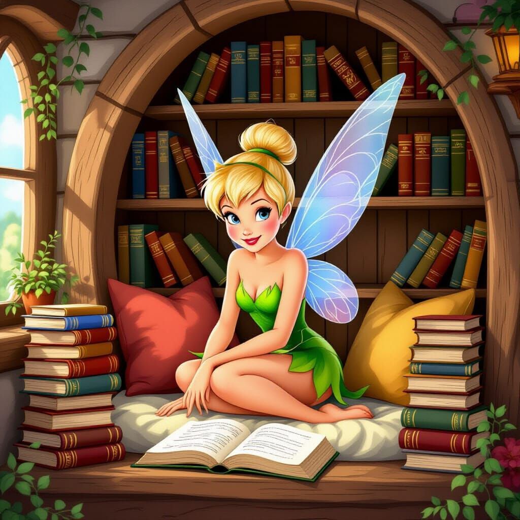 Tinker Bell in a Cozy Book Nook