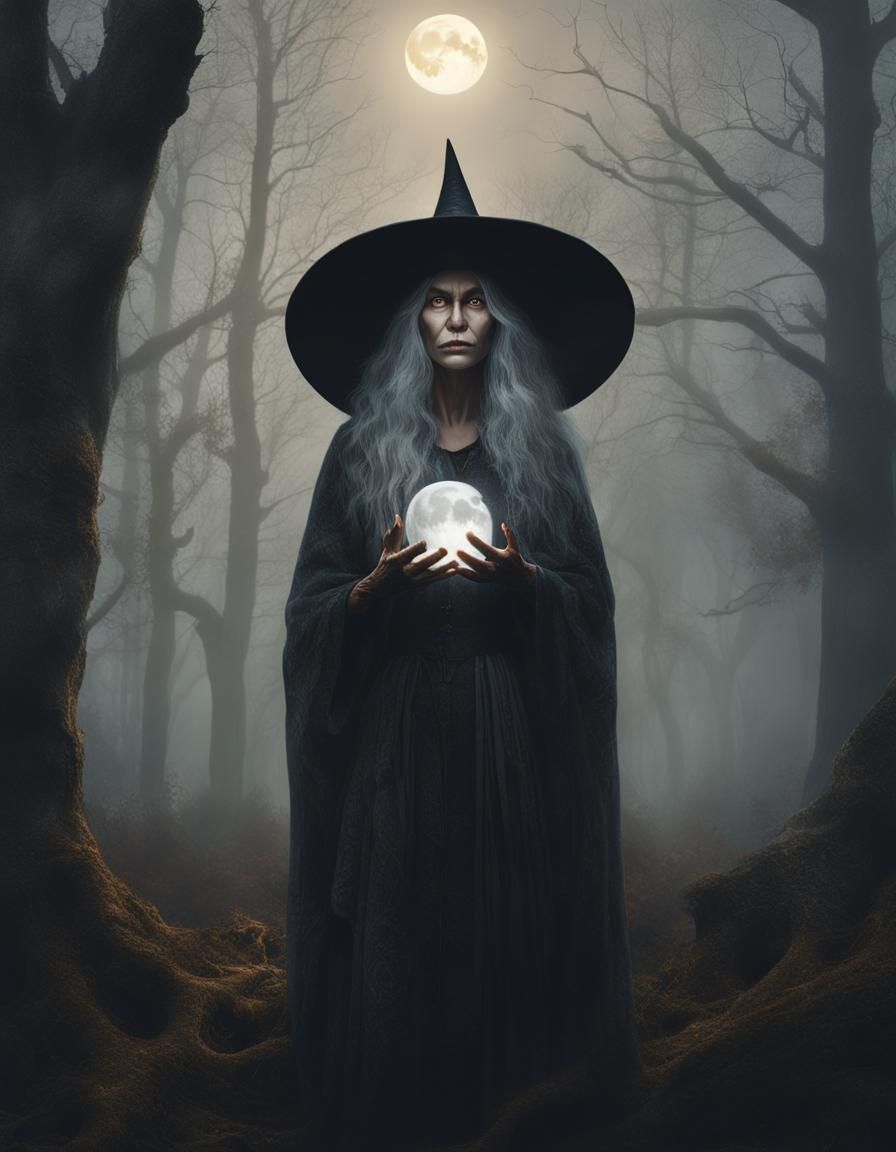 Mystical Witch Portrait with Luminous Moon