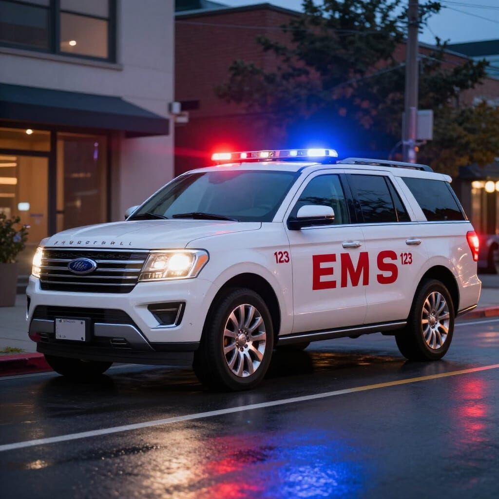 EMS SUV Flashing Lights on City Street at Dusk
