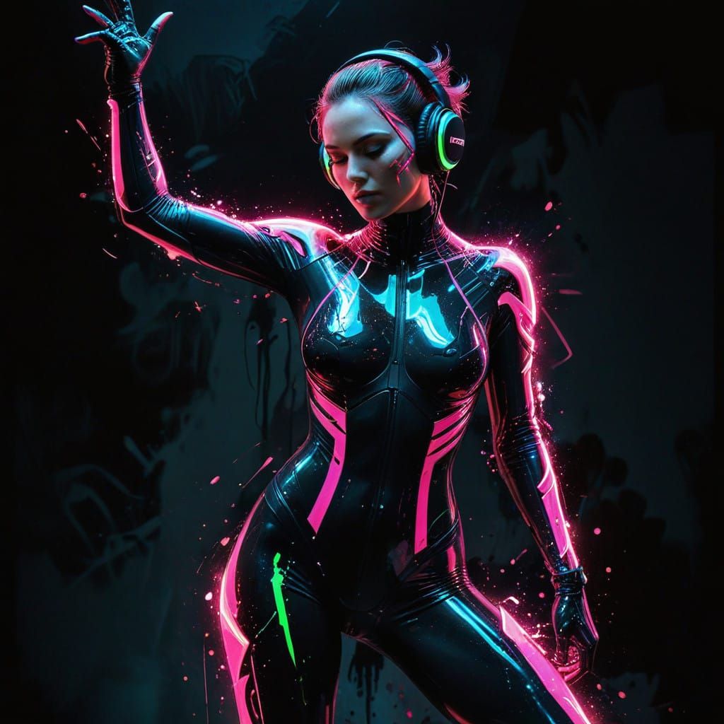 Cyberpunk Woman in Vibrant LED Bodysuit Dancing with Intensi...