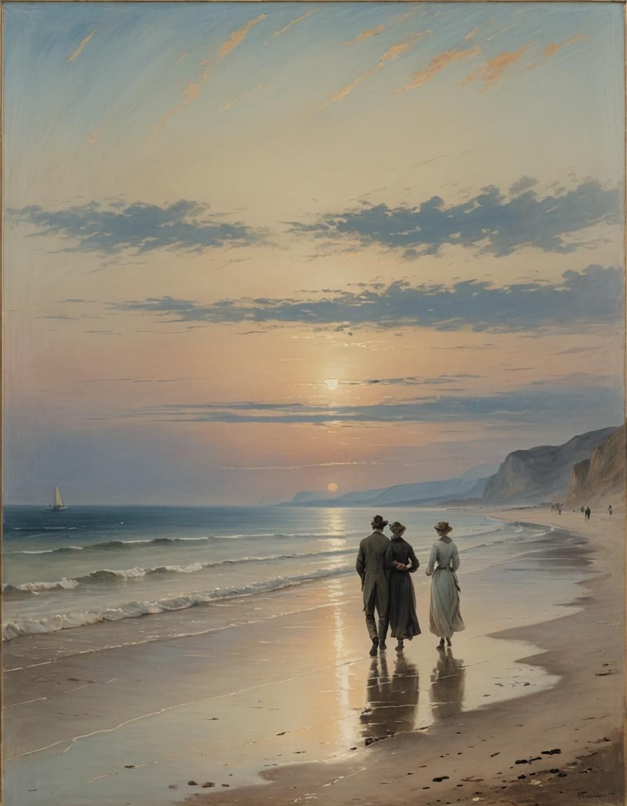 Seaside Couple at Dusk as Impasto Gouache Painting