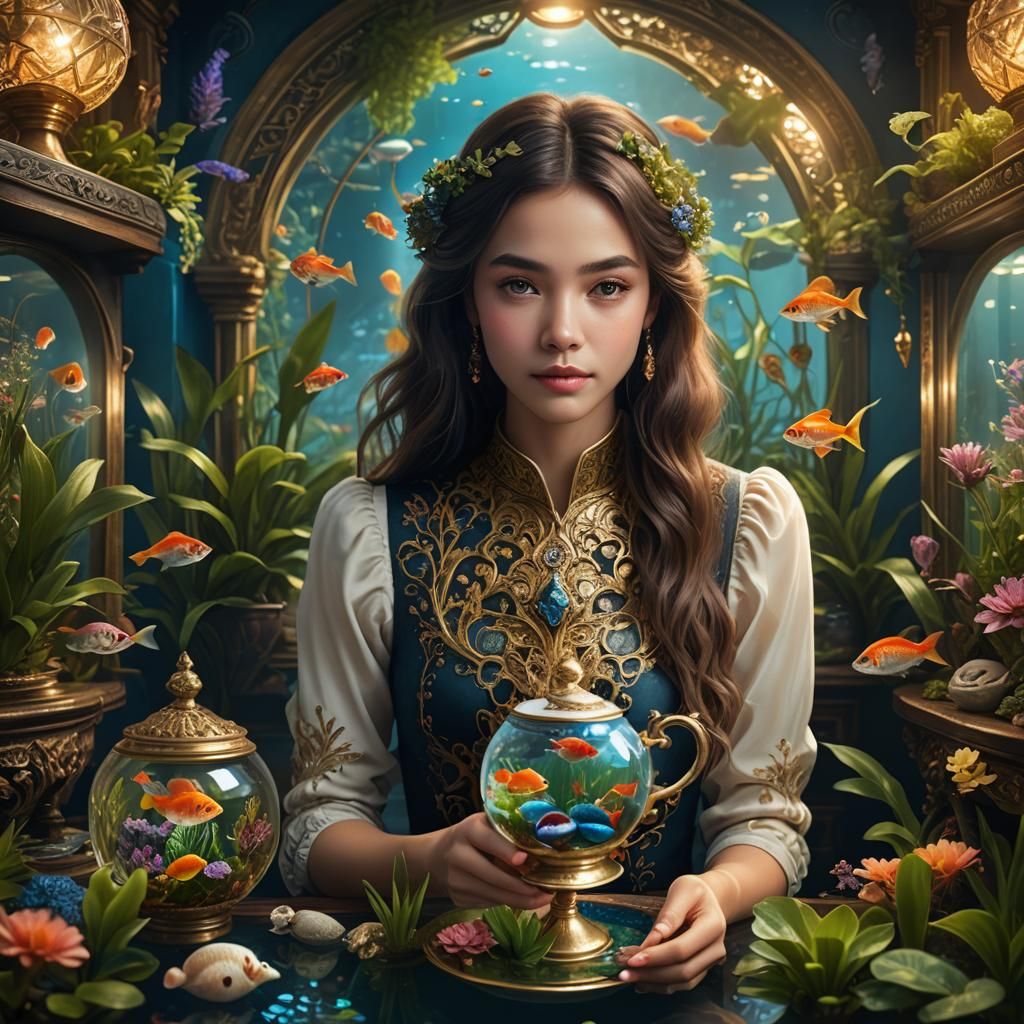 Woman Holding Teacup Aquarium: Digital Matte Painting
