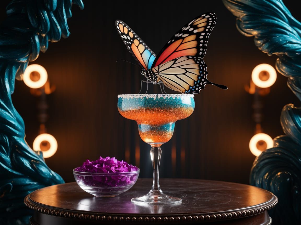 Colorful Butterfly Perched on Sparkling Margarita Glass