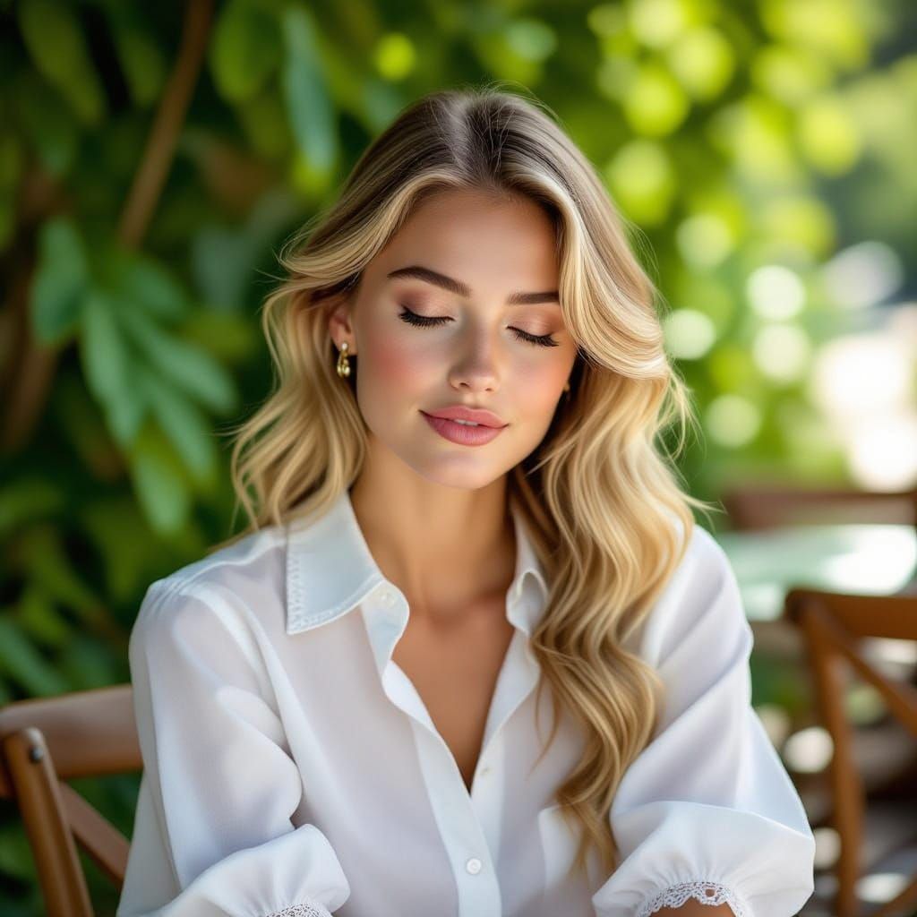 Serene Woman in Whimsical Outdoor Cafe