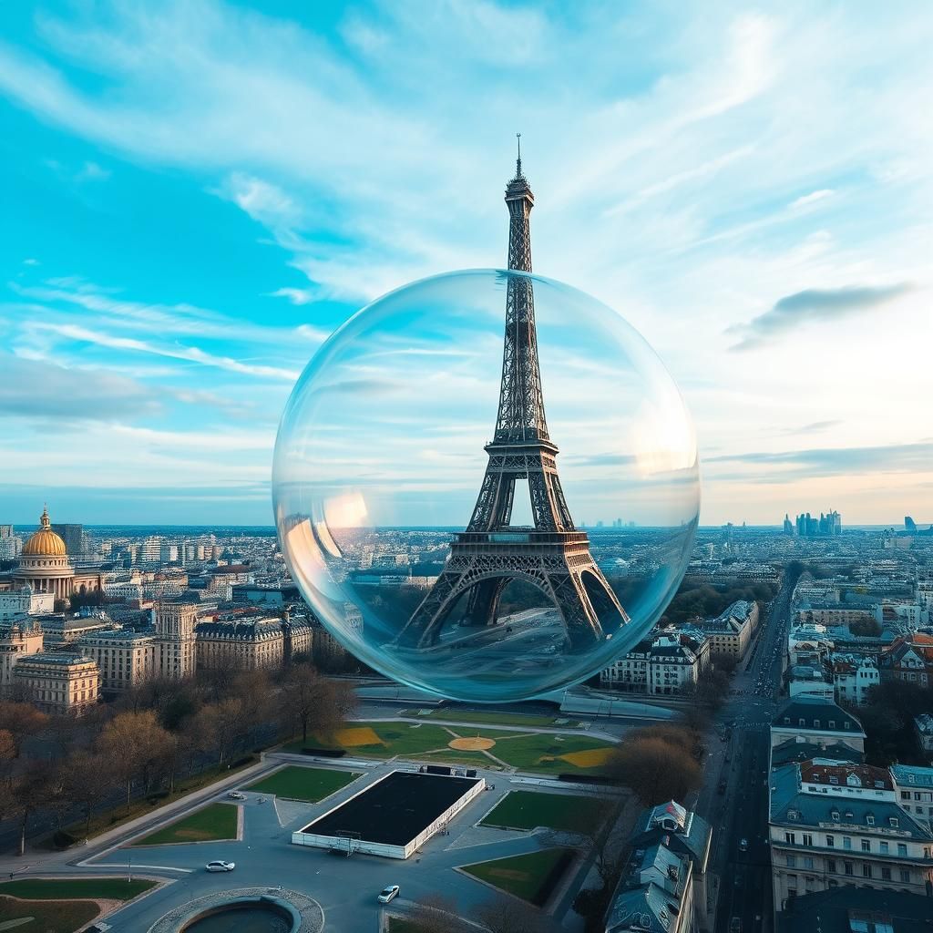 Eiffel Tower in a Bubble Above Paris